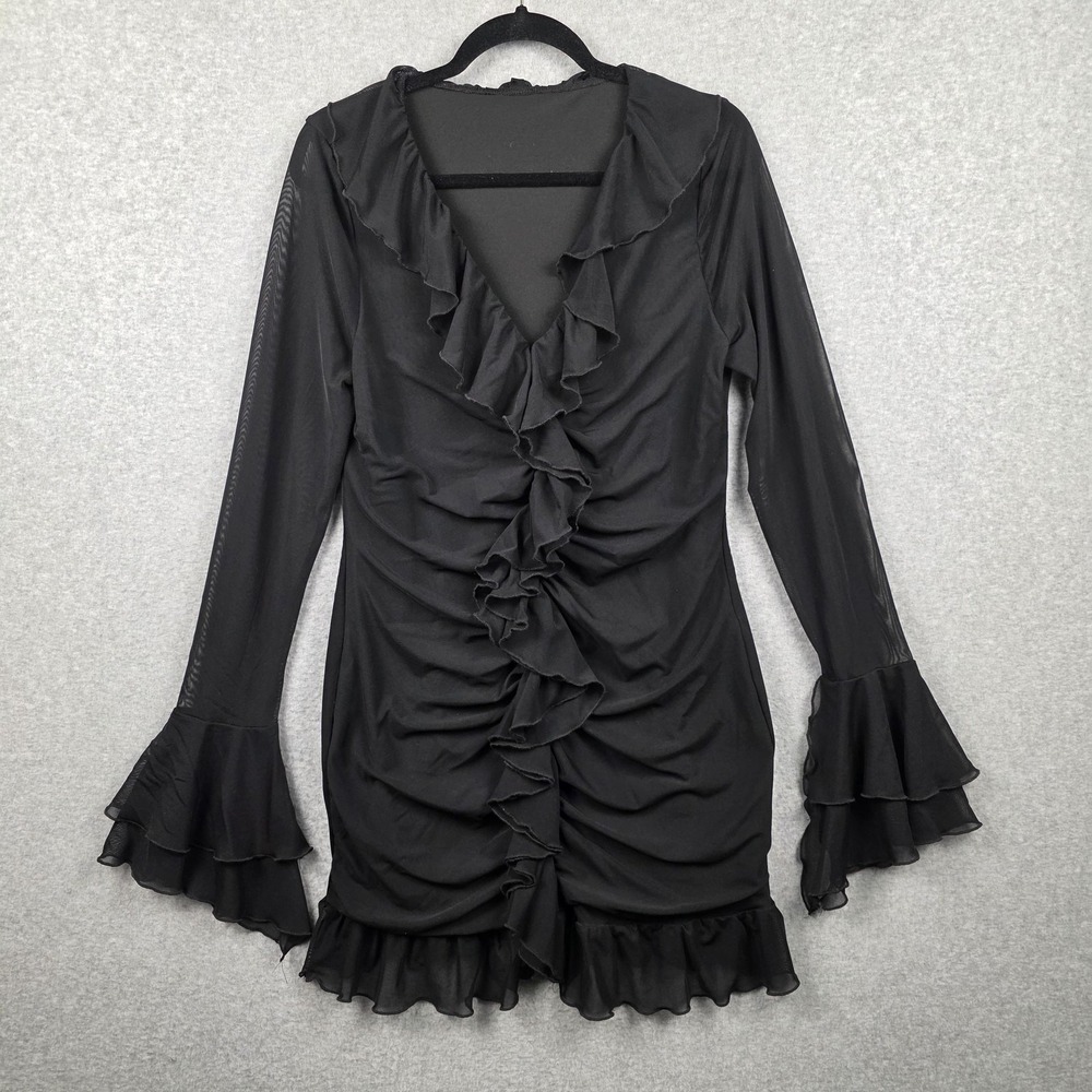 Ruffle Mesh Dress‎ Womens Small Black Bell Sleeve Ruched Bodycon Mini Party